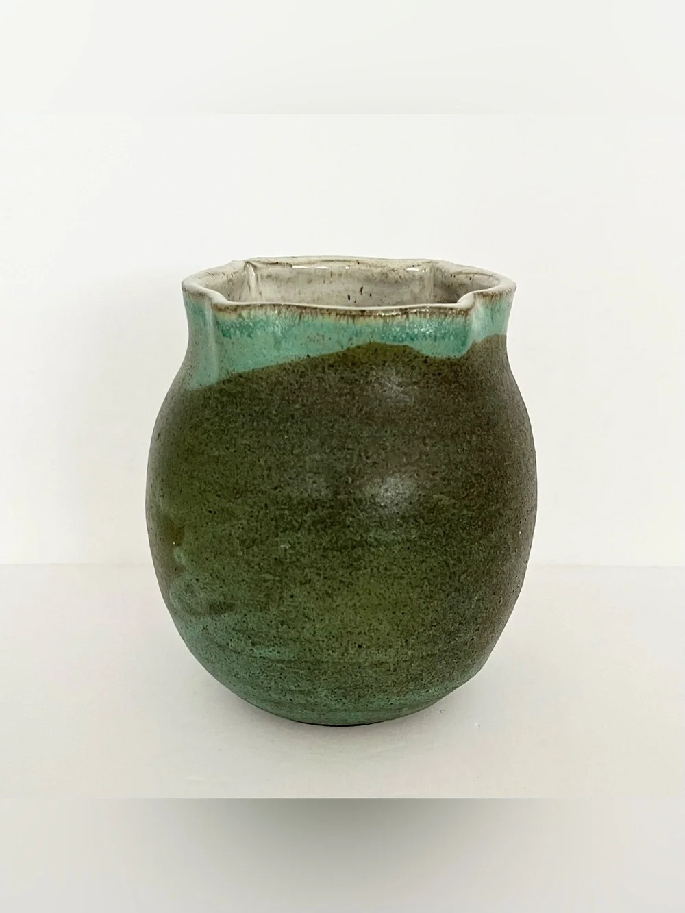 Studio Pottery Handmade Ceramic Green Vase Round Bulbous Organic Shape Rustic